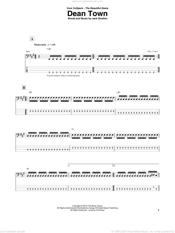 Dean Town sheet music for bass (tablature) (bass guitar) by Vulfpeck and Jack Stratton, intermediate skill level