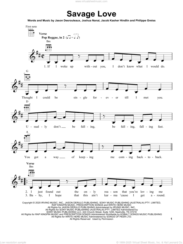 Savage Love sheet music for ukulele by Jawsh 685 x Jason Derulo x BTS, Jacob Kasher Hindlin, Jason Desrouleaux, Joshua Nanai and Philippe Greiss, intermediate skill level