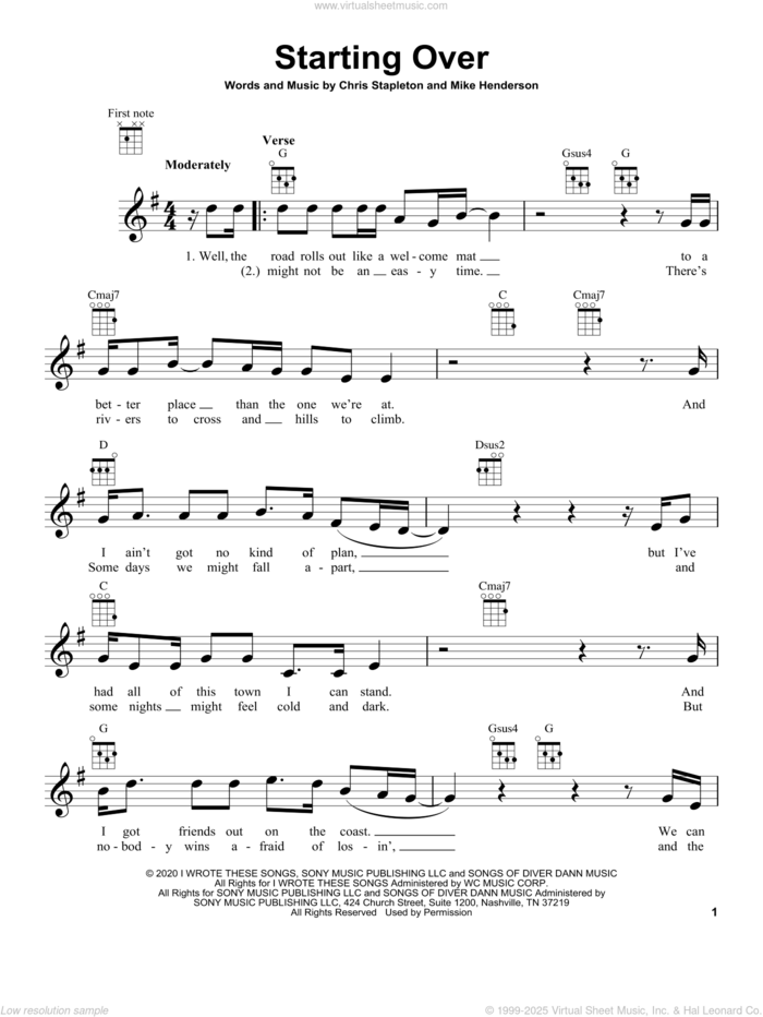 Starting Over sheet music for ukulele by Chris Stapleton and Mike Henderson, intermediate skill level