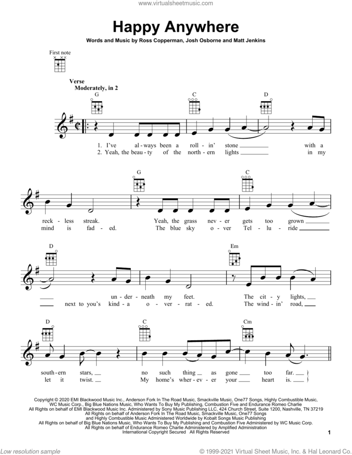 Happy Anywhere (feat. Gwen Stefani) sheet music for ukulele by Blake Shelton, Josh Osborne, Matt Jenkins and Ross Copperman, intermediate skill level