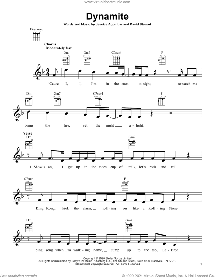 Dynamite sheet music for ukulele by BTS, Dave Stewart and Jessica Agombar, intermediate skill level