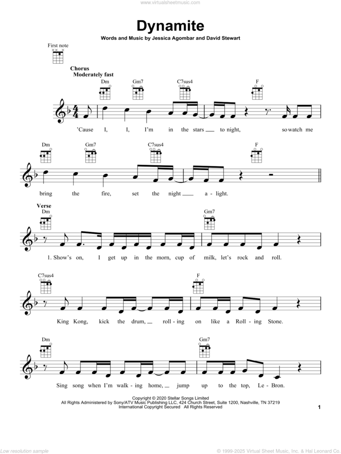 Dynamite sheet music for ukulele by BTS, Dave Stewart and Jessica Agombar, intermediate skill level