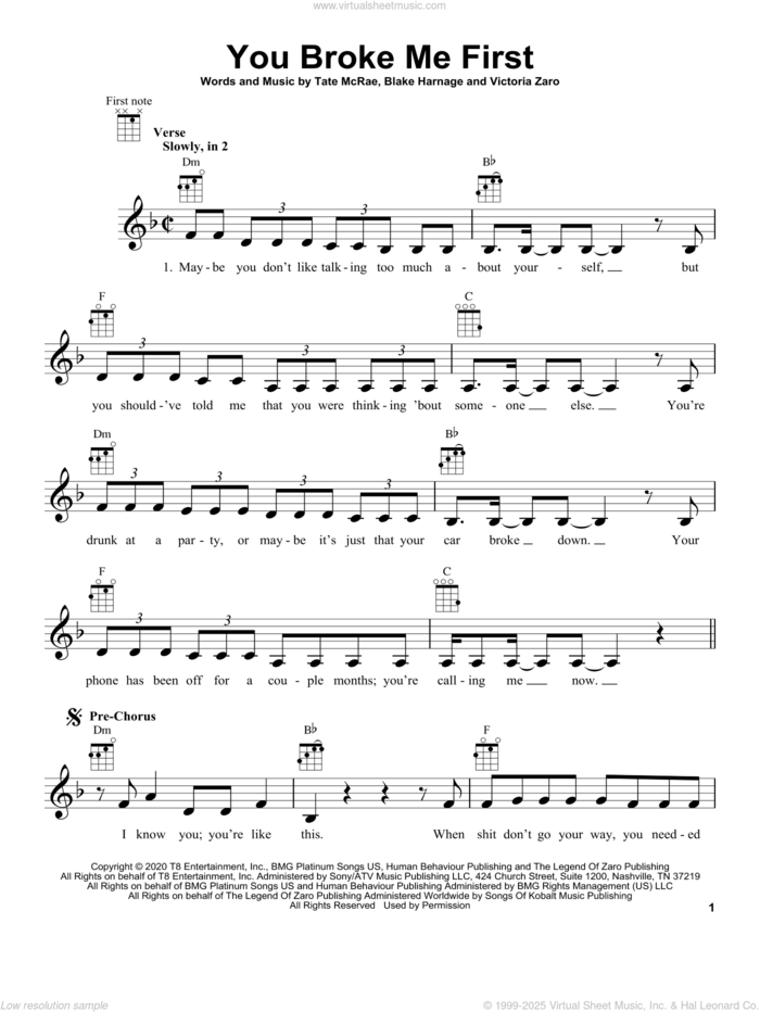 You Broke Me First sheet music for ukulele by Tate McRae, Blake Harnage and Victoria Zaro, intermediate skill level