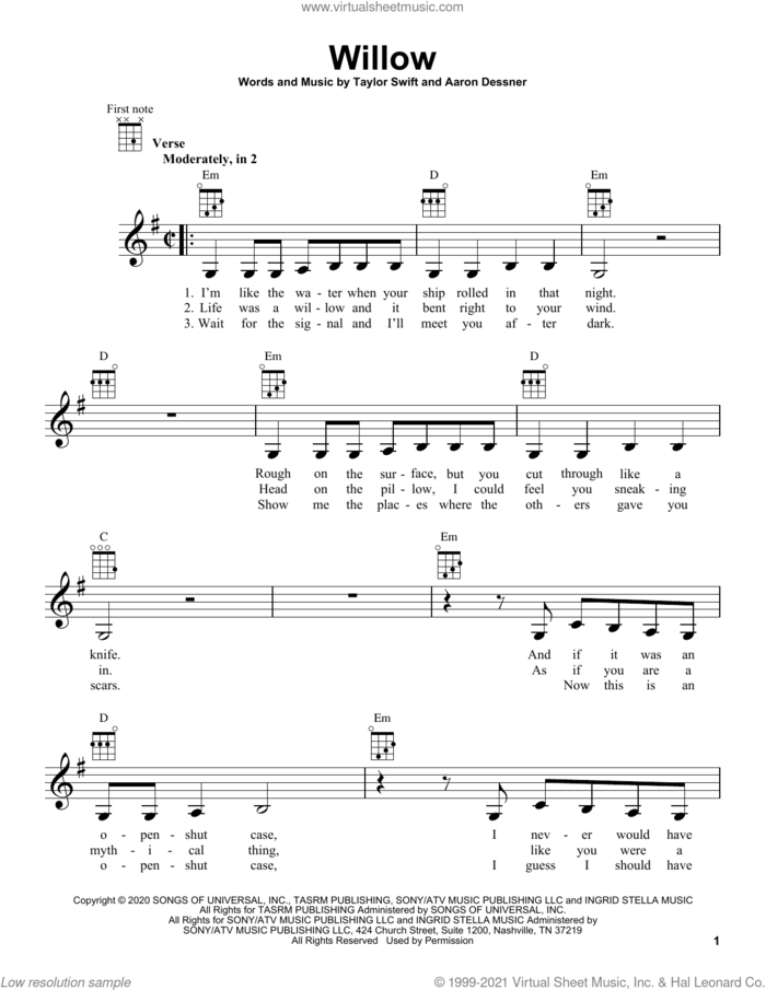 willow sheet music for ukulele by Taylor Swift and Aaron Dessner, intermediate skill level