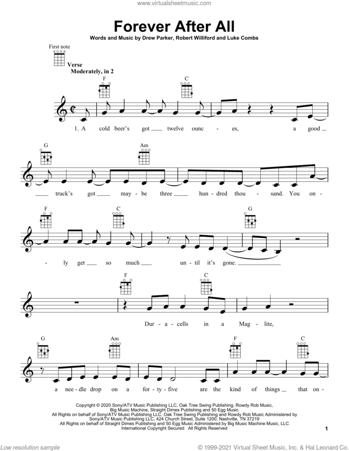 Forever After All sheet music for ukulele by Luke Combs, Drew Parker and Robert Williford, intermediate skill level