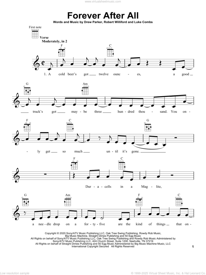 Forever After All sheet music for ukulele by Luke Combs, Drew Parker and Robert Williford, intermediate skill level