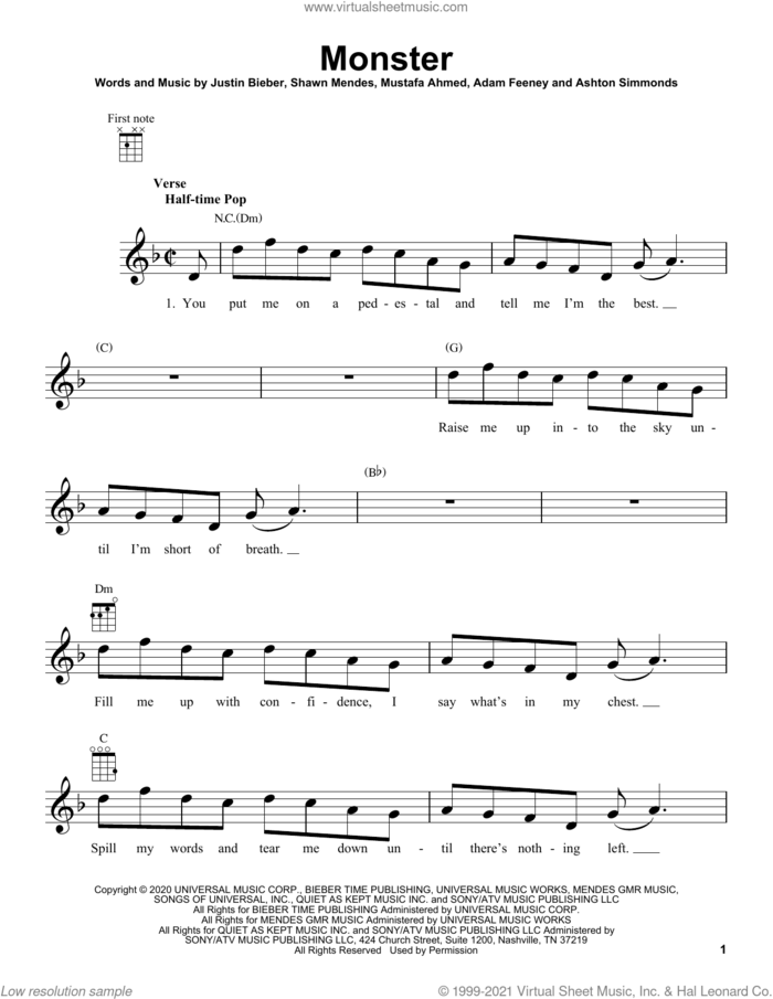 Monster sheet music for ukulele by Shawn Mendes & Justin Bieber, Adam Feeney, Ashton Simmonds, Justin Bieber, Mustafa Ahmed and Shawn Mendes, intermediate skill level