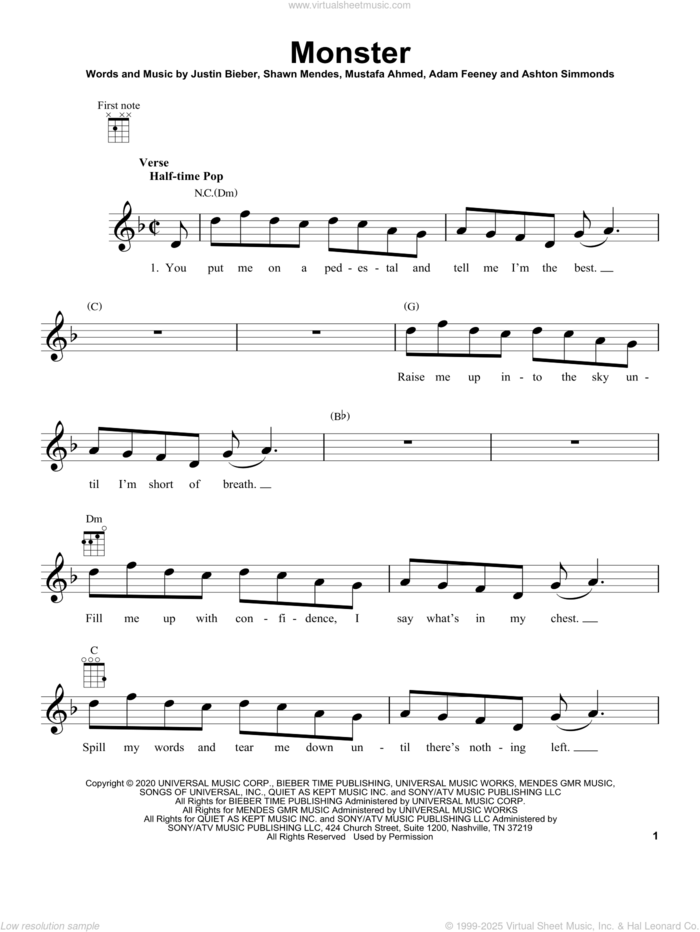 Monster sheet music for ukulele by Shawn Mendes & Justin Bieber, Adam Feeney, Ashton Simmonds, Justin Bieber, Mustafa Ahmed and Shawn Mendes, intermediate skill level