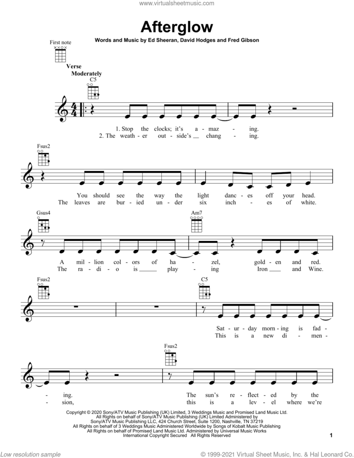 Afterglow sheet music for ukulele by Ed Sheeran, David Hodges and Fred Gibson, intermediate skill level