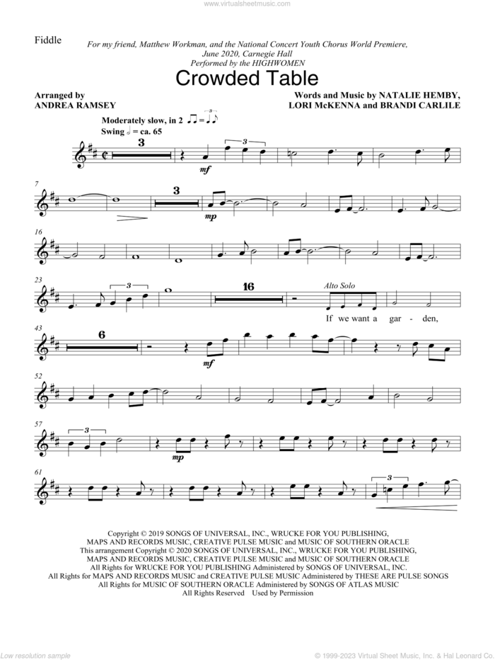 Crowded Table (arr. Andrea Ramsey) sheet music for orchestra/band (fiddle) by The Highwomen, Andrea Ramsey, Brandi Carlile, Lori McKenna and Natalie Hemby, intermediate skill level