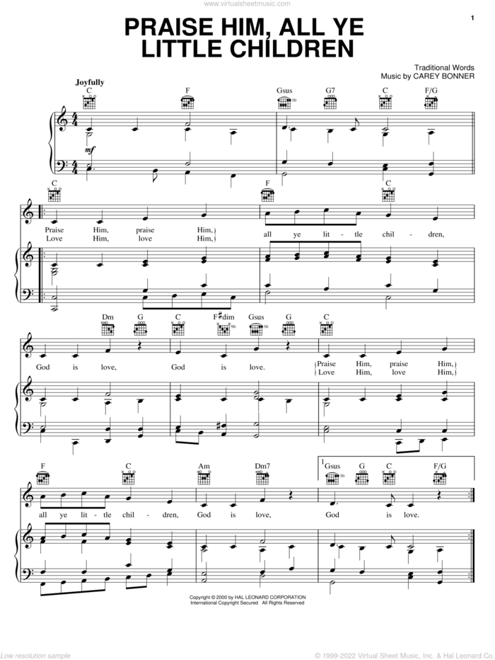 Praise Him, All Ye Little Children sheet music for voice, piano or guitar by Traditional Words and Carey Bonner, intermediate skill level