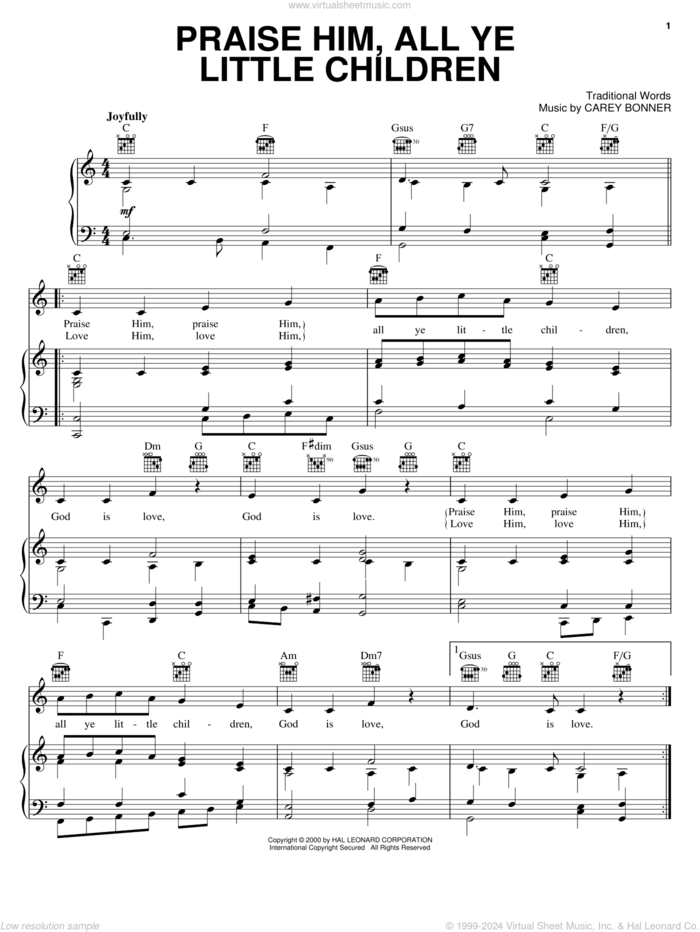 Praise Him, All Ye Little Children sheet music for voice, piano or guitar by Traditional Words and Carey Bonner, intermediate skill level