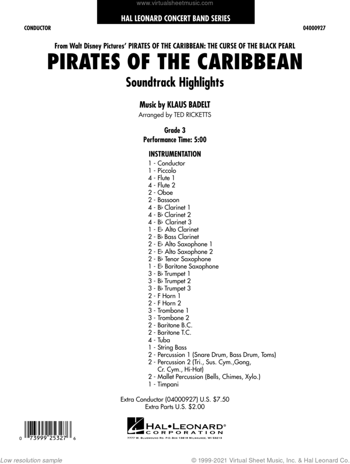 Pirates of the Caribbean (Soundtrack Highlights) (arr. Ted Ricketts) (COMPLETE) sheet music for concert band by Ted Ricketts and Klaus Badelt, intermediate skill level