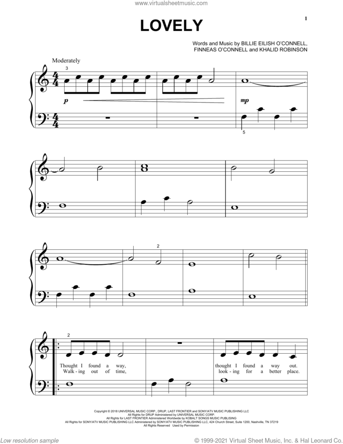 lovely (from 13 Reasons Why) sheet music for piano solo by Billie Eilish and Khalid Robinson, beginner skill level