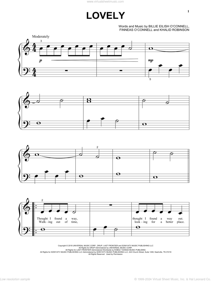 lovely (from 13 Reasons Why) sheet music for piano solo by Billie Eilish and Khalid Robinson, beginner skill level