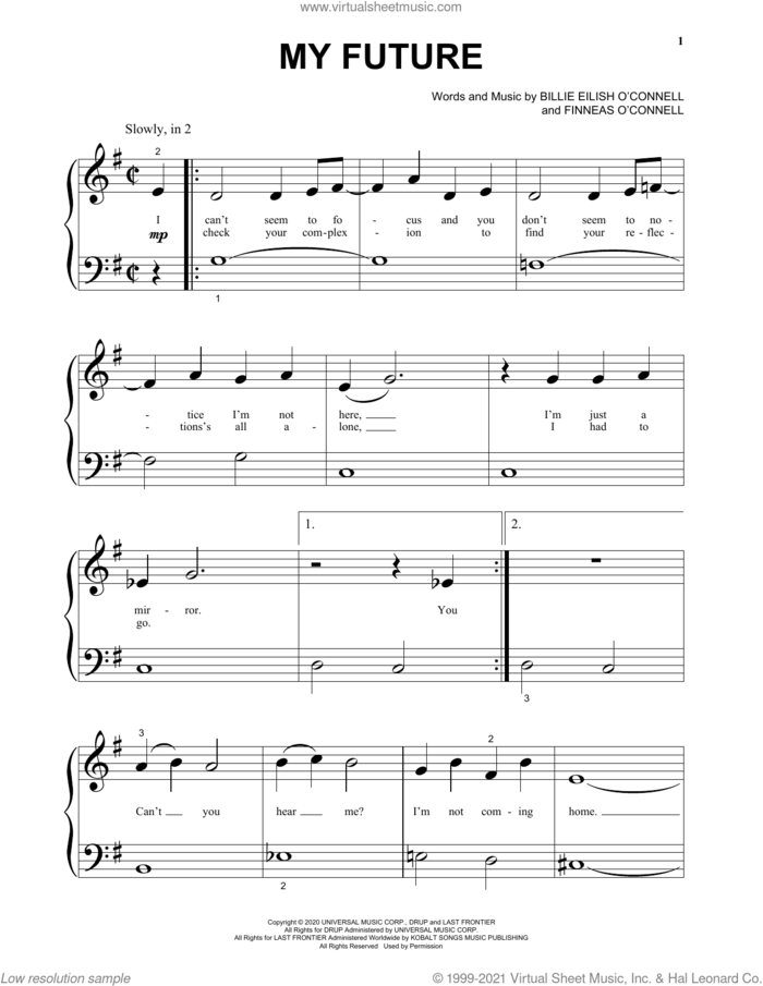 my future, (beginner) sheet music for piano solo by Billie Eilish, beginner skill level