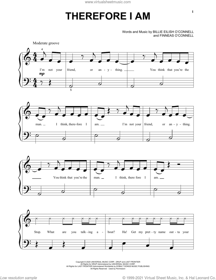 Therefore I Am, (beginner) sheet music for piano solo by Billie Eilish, beginner skill level