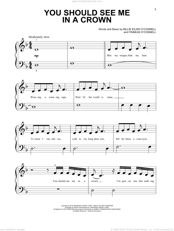 you should see me in a crown sheet music for piano solo by Billie Eilish and Benoit Louis Andre Roger Bordo, beginner skill level