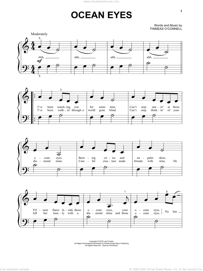 ocean eyes, (beginner) sheet music for piano solo by Billie Eilish, beginner skill level