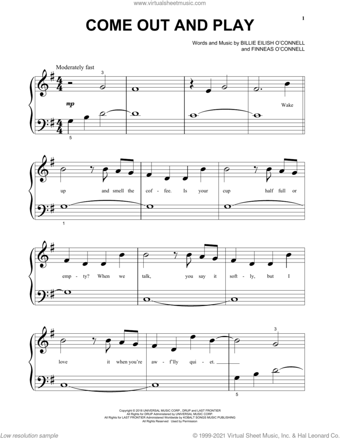 come out and play sheet music for piano solo by Billie Eilish, beginner skill level