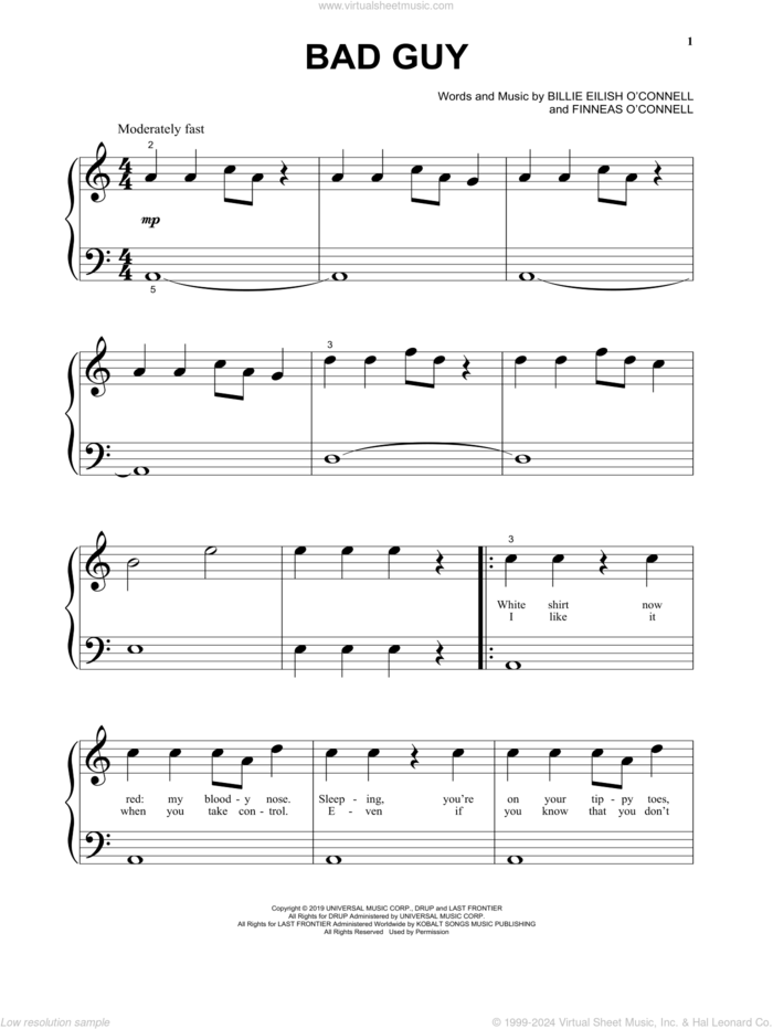 bad guy, (beginner) sheet music for piano solo by Billie Eilish, beginner skill level