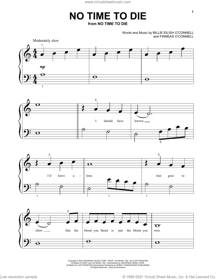 No Time To Die sheet music for piano solo (big note book) by Billie Eilish, easy piano (big note book)