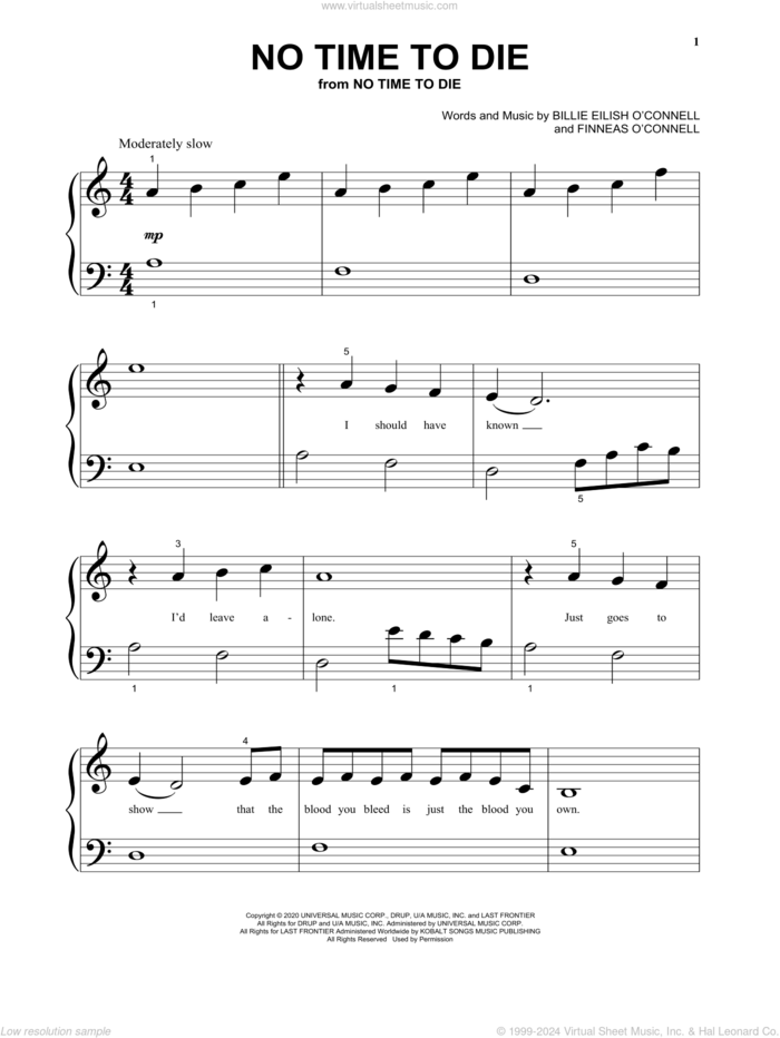 No Time To Die sheet music for piano solo by Billie Eilish, beginner skill level