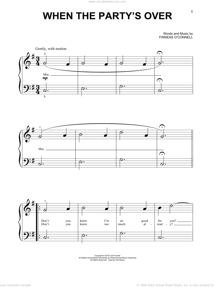 when the party's over sheet music for piano solo (big note book) by Billie Eilish, easy piano (big note book)