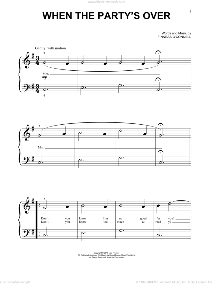 when the party's over sheet music for piano solo by Billie Eilish, beginner skill level