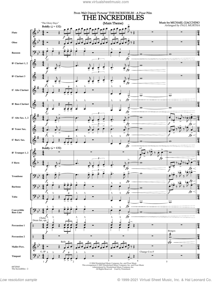The Incredibles (Main Theme) (arr. Paul Murtha) (COMPLETE) sheet music for concert band by Paul Murtha and Michael Giacchino, intermediate skill level