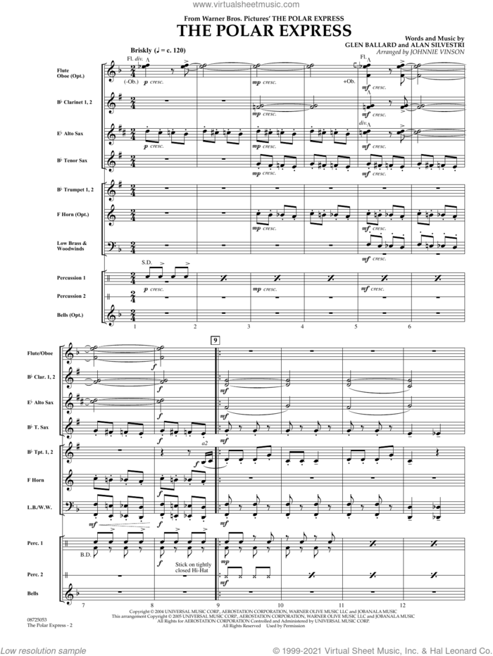 The Polar Express (Main Theme) (arr. Johnnie Vinson) (COMPLETE) sheet music for concert band by Glen Ballard, Alan Silvestri, Glen Ballard and Alan Silvestri and Johnnie Vinson, intermediate skill level