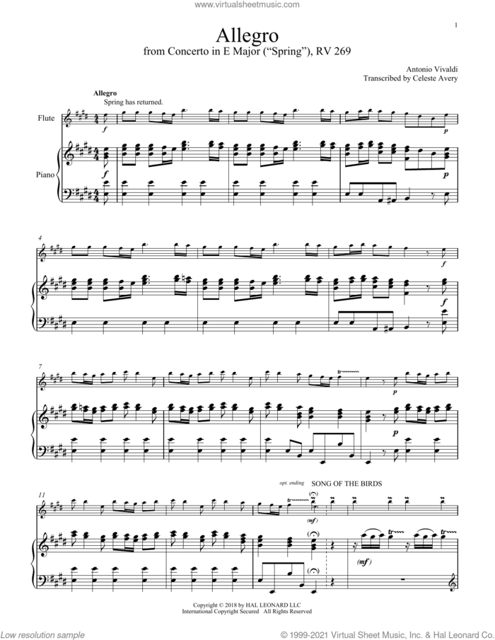 Allegro I, RV 269 ('Spring') sheet music for flute and piano by Antonio Vivaldi, classical score, intermediate skill level