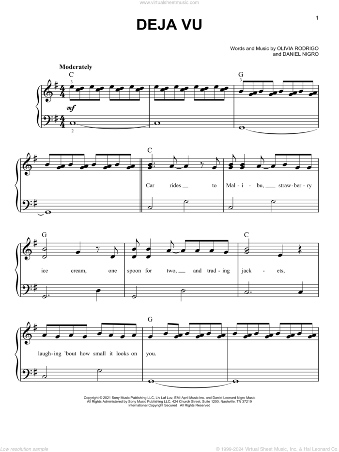 deja vu sheet music for piano solo by Olivia Rodrigo and Daniel Nigro, easy skill level