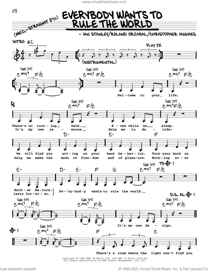 Everybody Wants To Rule The World sheet music for voice and other instruments (real book with lyrics) by Tears For Fears, Christopher Hughes, Ian Stanley and Roland Orzabal, intermediate skill level