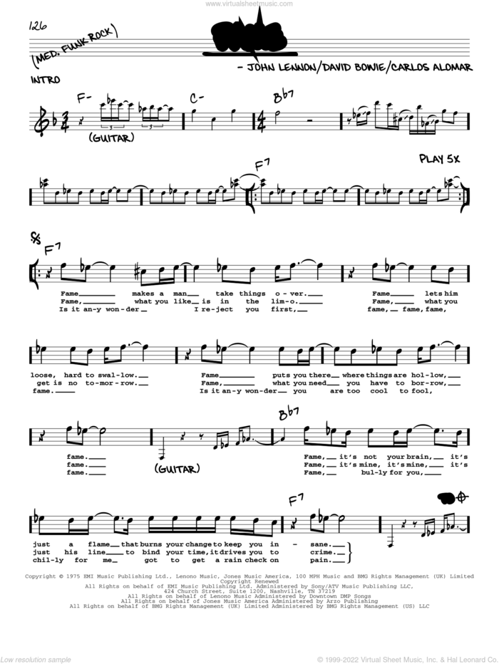 Fame sheet music for voice and other instruments (real book with lyrics) by David Bowie, Carlos Alomar and John Lennon, intermediate skill level
