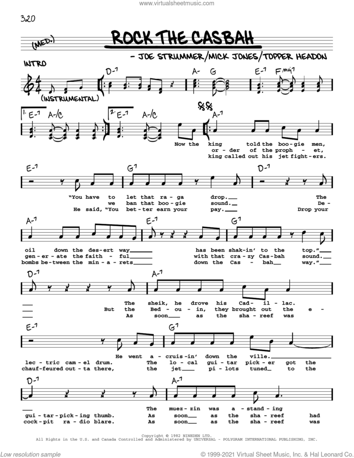 Rock The Casbah sheet music for voice and other instruments (real book with lyrics) by The Clash, Joe Strummer, Mick Jones and Topper Headon, intermediate skill level