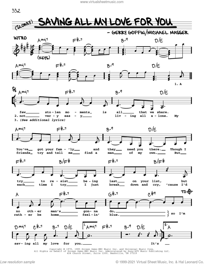 Saving All My Love For You sheet music for voice and other instruments (real book with lyrics) by Whitney Houston, Gerry Goffin and Michael Masser, intermediate skill level