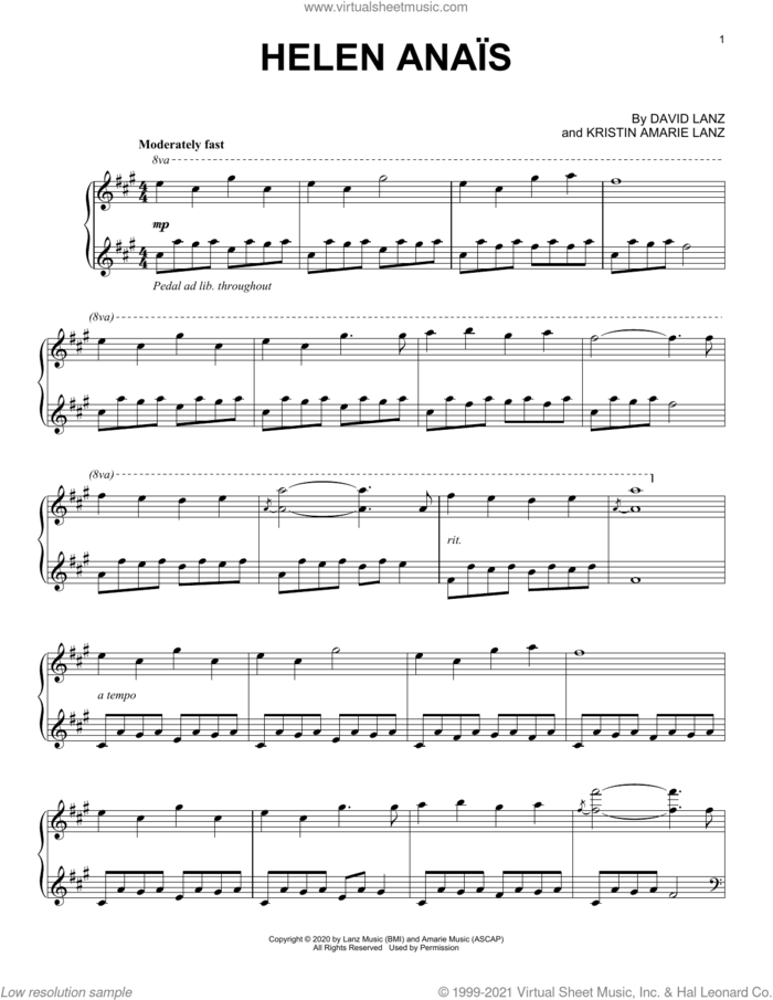 Helen Anaïs sheet music for piano solo by David Lanz and Kristin Amarie Lanz, intermediate skill level