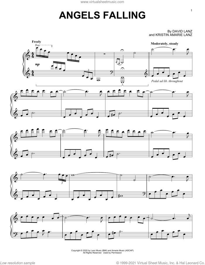 Angels Falling sheet music for piano solo by David Lanz and Kristin Amarie Lanz, intermediate skill level