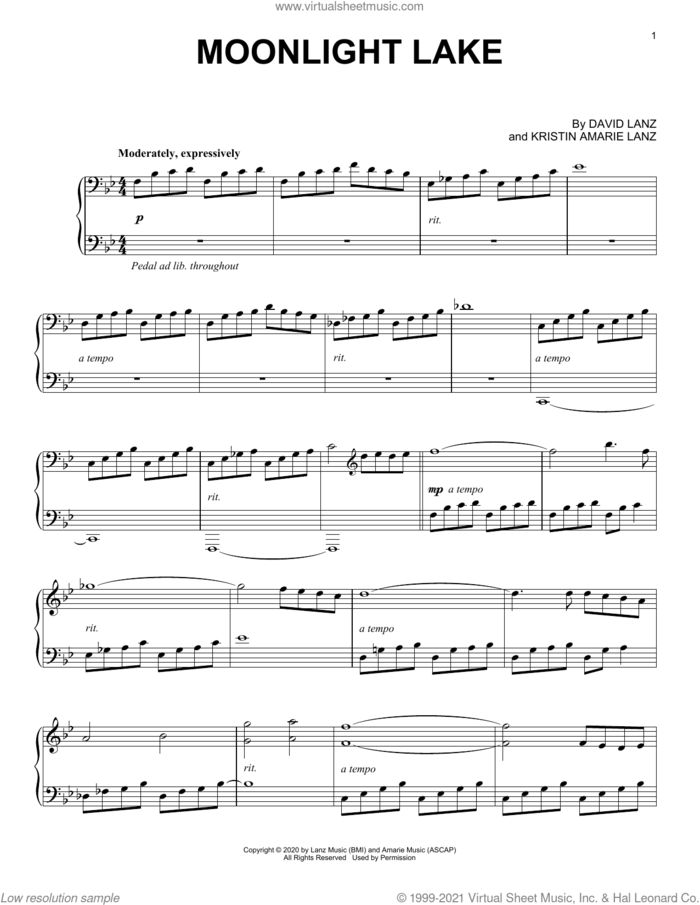 Moonlight Lake sheet music for piano solo by David Lanz and Kristin Amarie Lanz, intermediate skill level
