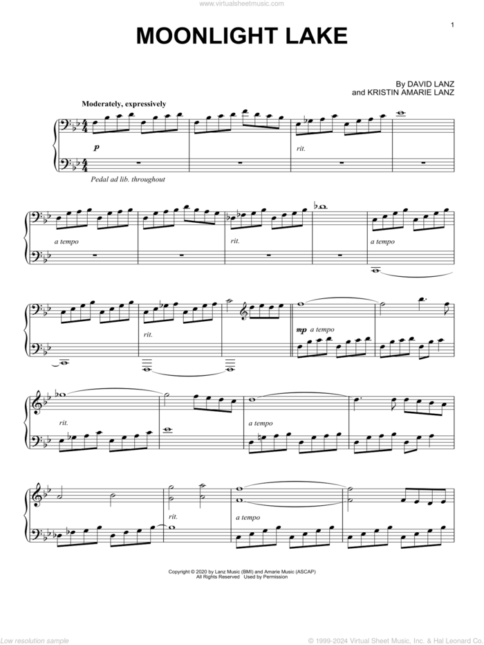 Moonlight Lake sheet music for piano solo by David Lanz, Kristin Amarie Lanz and Kristin Marie Lanz, intermediate skill level