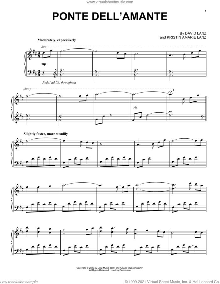Ponte Dell'amante sheet music for piano solo by David Lanz and Kristin Amarie Lanz, intermediate skill level