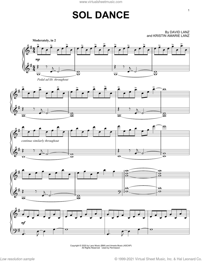 Sol Dance sheet music for piano solo by David Lanz, Kristin Amarie Lanz and Kristin Marie Lanz, intermediate skill level