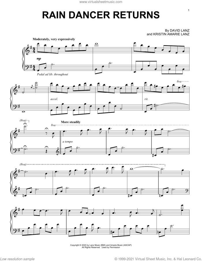 Rain Dancer Returns sheet music for piano solo by David Lanz and Kristin Amarie Lanz, intermediate skill level