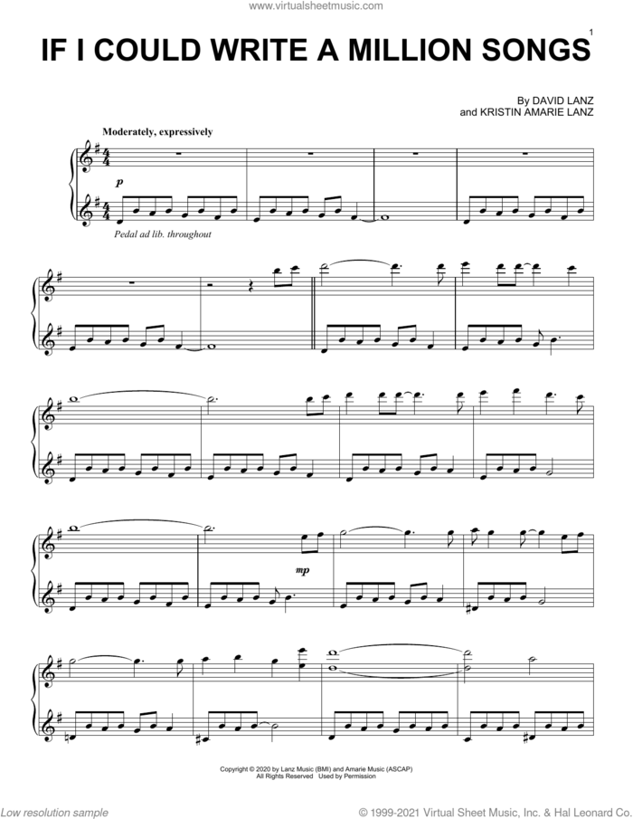 If I Could Write A Million Songs sheet music for piano solo by David Lanz and Kristin Amarie Lanz, intermediate skill level