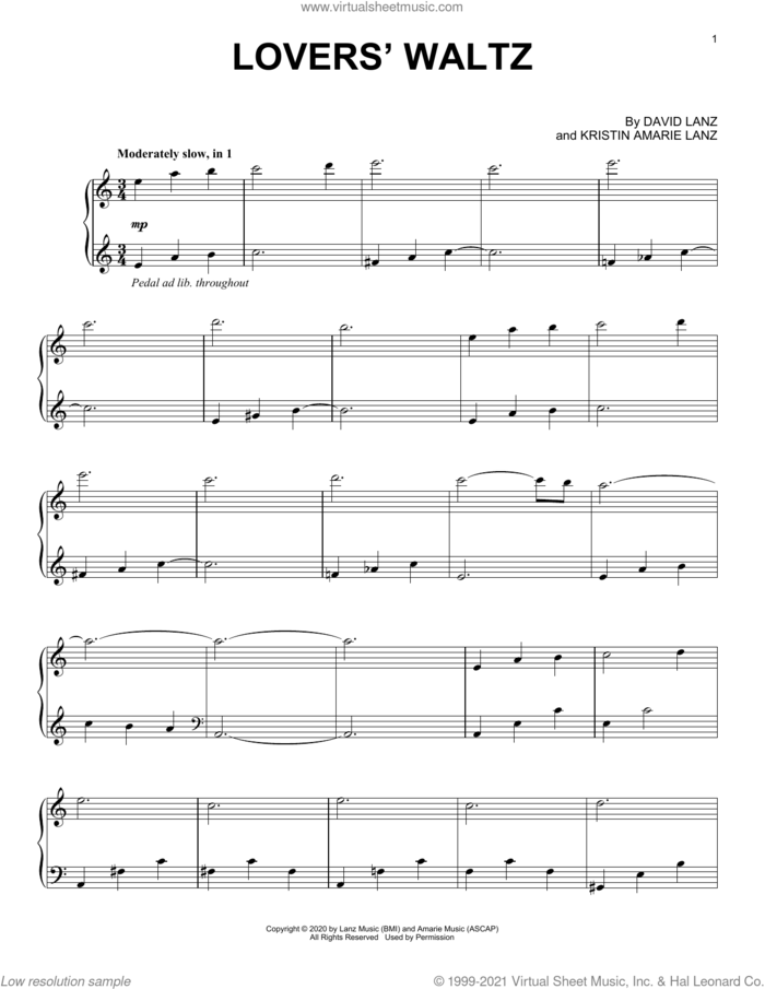 Lovers' Waltz sheet music for piano solo by David Lanz and Kristin Amarie Lanz, intermediate skill level