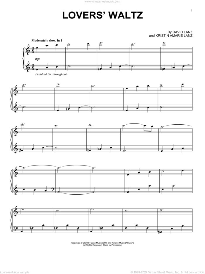 Lovers' Waltz sheet music for piano solo by David Lanz, Kristin Amarie Lanz and Kristin Marie Lanz, intermediate skill level