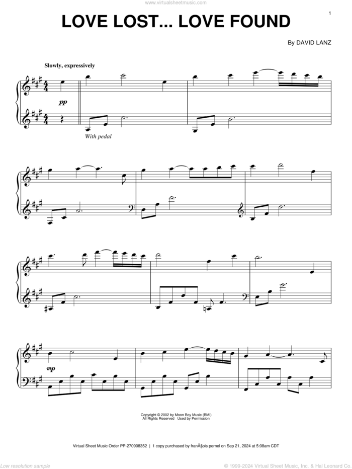 Love Lost... Love Found sheet music for piano solo by David Lanz, intermediate skill level