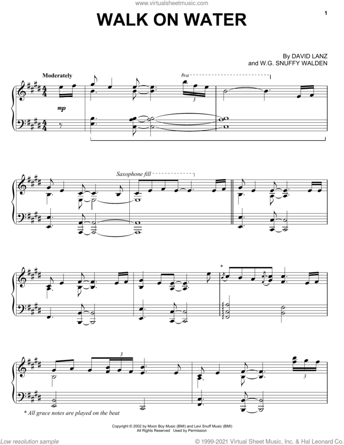 Walk On Water sheet music for piano solo by David Lanz and W.G. Snuffy Walden, intermediate skill level