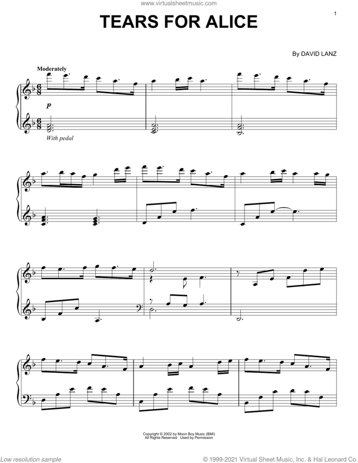 Tears For Alice sheet music for piano solo by David Lanz, intermediate skill level